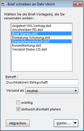 CRM TelMarkt Vorlage für einen Brief oder ein Fax auswählen