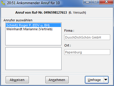 CRM TelMarkt eingehender Anruf, Kontaktperson nicht eindeutig ermittelbar