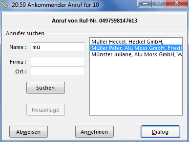 CRM TelMarkt eingehender Anruf, übermittelte Rufnummer, unbekannter Kontakt
