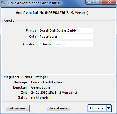 CRM TelMarkt eingehender Anruf ist möglicher Rückruf