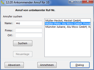 CRM TelMarkt eingehender Anruf von unbekannter Rufnummer
