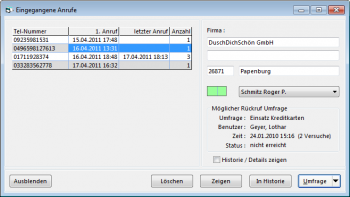 CRM TelMarkt Liste eingegangener Anrufe