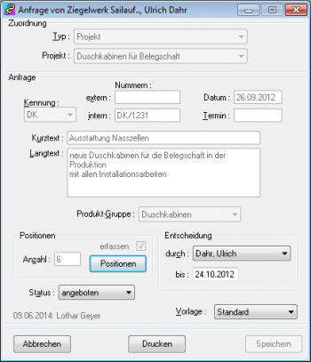 TelMarkt CRM Anfrage Kopfdaten erfassen