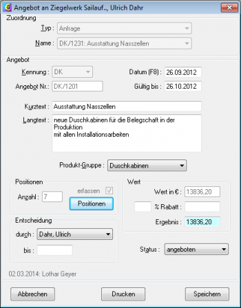 TelMarkt CRM Angebot erstellen Kopfdaten