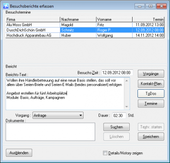 CRM TelMarkt Besuchsberichte erfassen