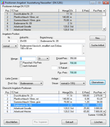 CRM TelMarkt Angebot Positionen erfassen CRM TelMarkt Angebot Positionen erfassen